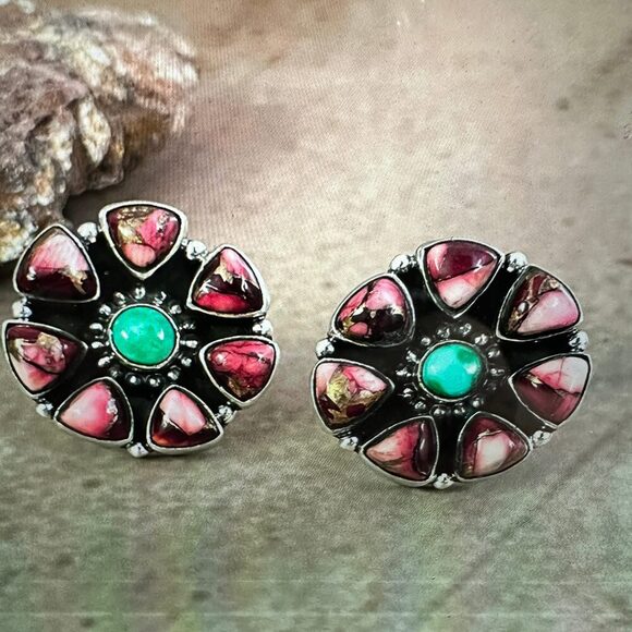 Handmade Sterling Silver Red Rose Dahlia With Emerald Valley, Post Earrings, Si - Picture 8 of 10